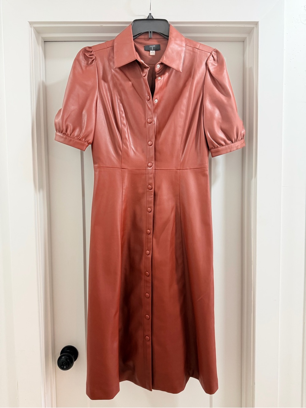Tahari Rust Faux Leather Button-Front Midi Dress